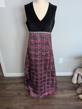 Black Velvet Top Mosaic Maxi 1970s Bohemian Hostess Vintage Maxi Dress Size M